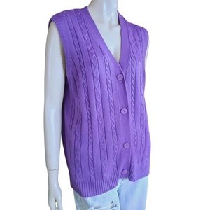 Vintage 80s Sweater Vest size Large Cable Knit Button Front Light Academia